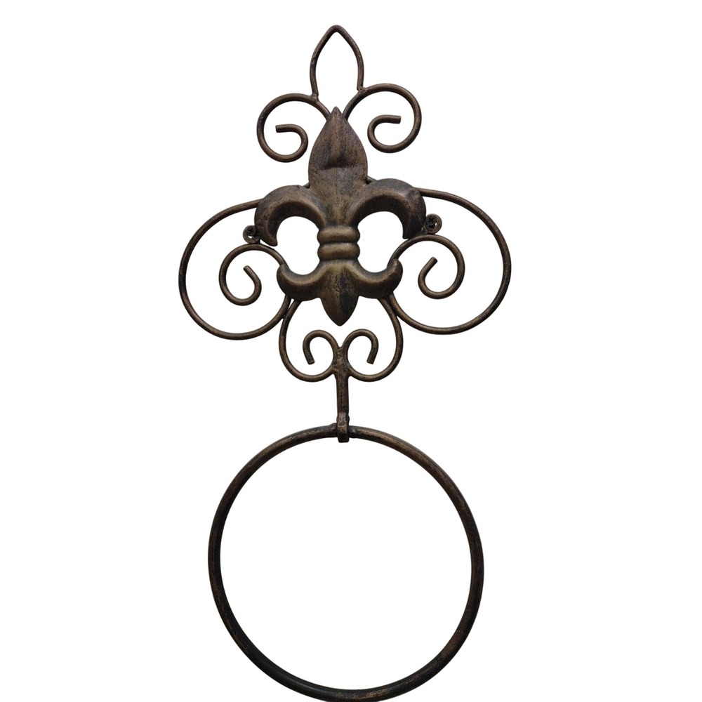 Vintage Antique Fleur De Lis Brass Metal Towel Ring Holder Easy To Install